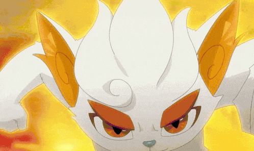 a white cat with orange ears and red eyes looks very angry