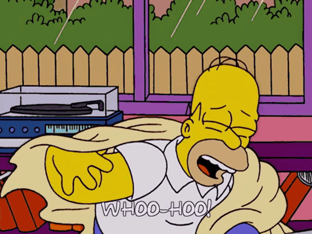 a cartoon of homer simpson laying on the floor with the words whoo-hoo above him