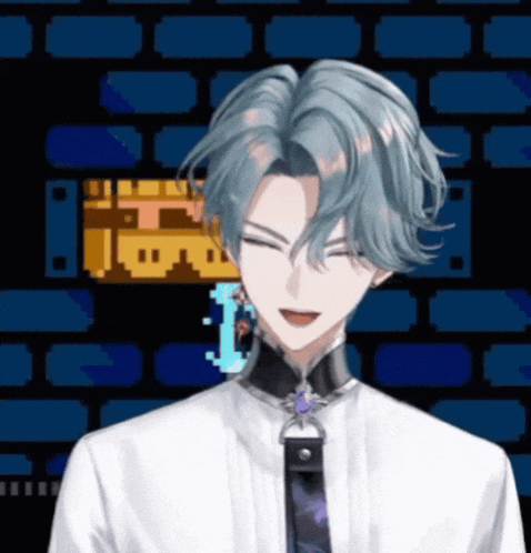a man with blue hair is standing in front of a pixelated castle