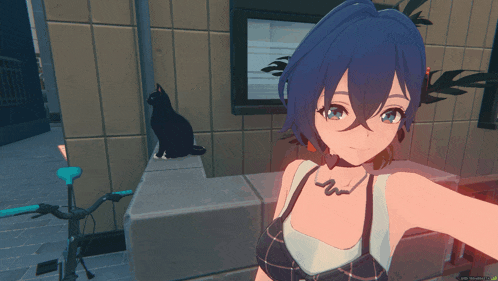 a girl with blue hair stands in front of a cat