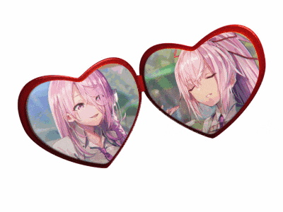 a pair of heart shaped sunglasses with a picture of two anime girls on them