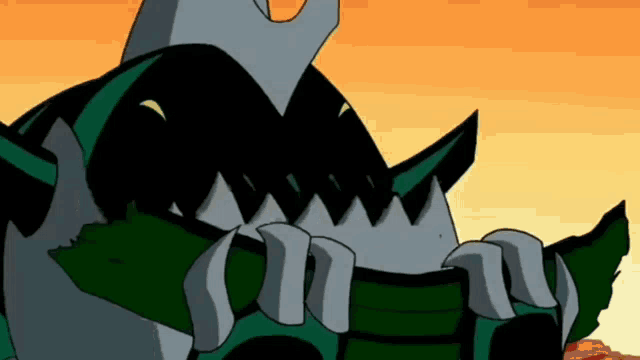 a cartoon character with a large mouth and sharp teeth is eating something .