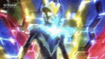 a cartoon character is standing in front of a colorful background and glowing .