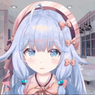 a girl with long white hair and blue eyes is wearing a pink headband and a bow .