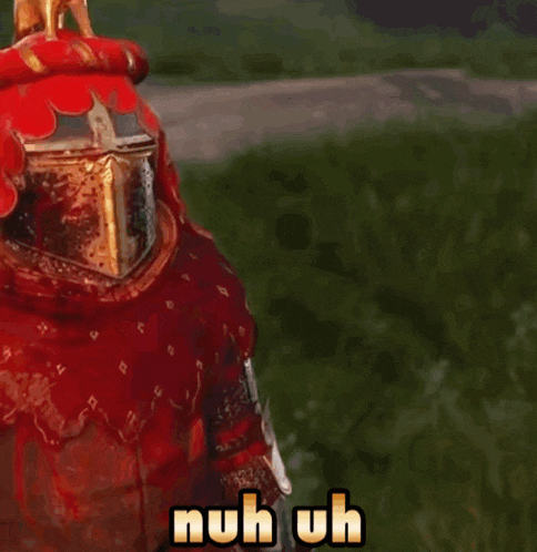 a knight with a lion on top of his head and the words nuh uh below him