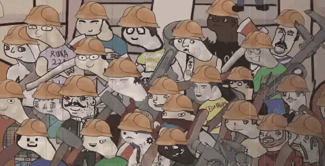 a group of cartoon characters wearing hard hats and a shirt that says ruka 23