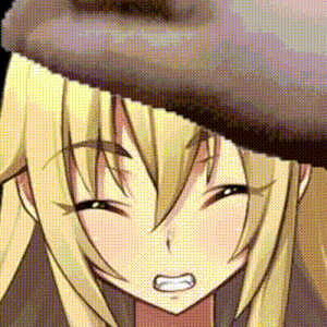 a close up of a blonde anime girl wearing a brown hat .