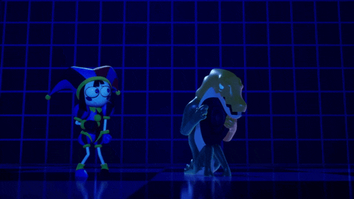a couple of cartoon characters standing next to each other in a dark room