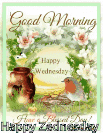 a good morning happy wednesday card with flowers and a bird .