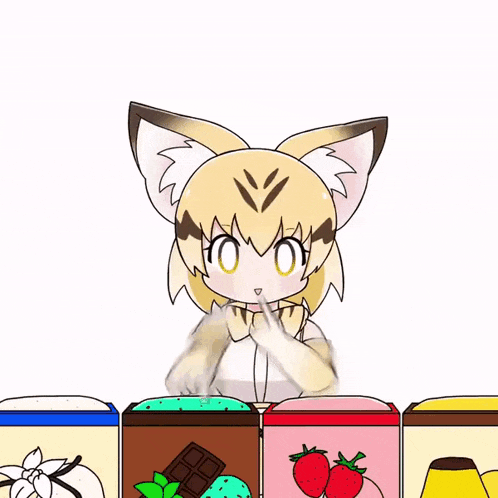 a cartoon of a fox standing in front of boxes of desserts