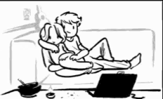a black and white drawing of a man and a woman sitting on a couch with a laptop .