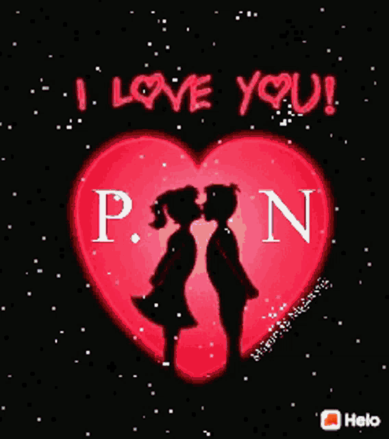 a couple kissing in front of a heart that says i love you pn