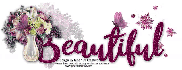 the word beautiful is surrounded by purple flowers and snowflakes