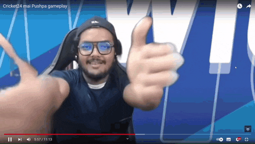 a video of a man giving a thumbs up is labeled cricket24 mai pushpa gameplay