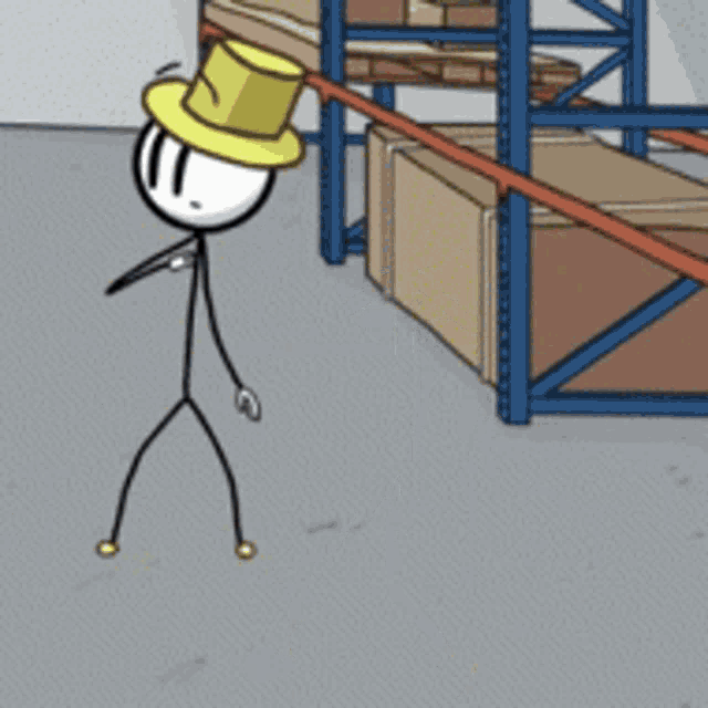a cartoon of two stick figures standing next to each other in a warehouse