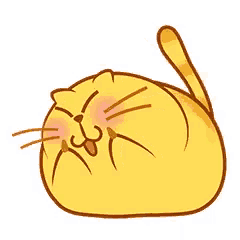 a cartoon drawing of a yellow cat with its tongue out and a pink nose .