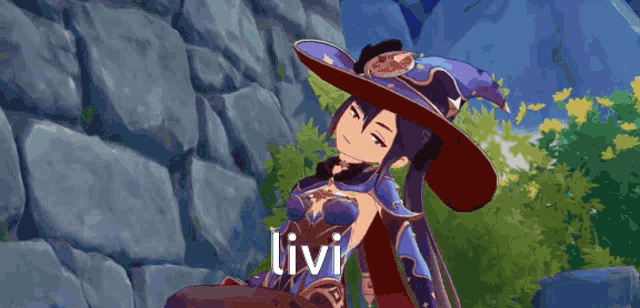 a girl in a witch hat is sitting in front of a stone wall with the word livi on the bottom