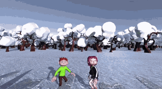 a boy and a girl are standing in the snow