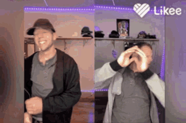 two men are making a heart shape with their hands in front of a likee heart