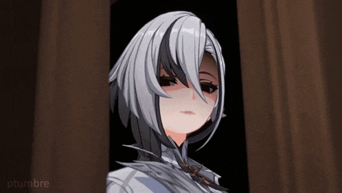 a drawing of a girl with white hair and the word otumbre on the bottom right