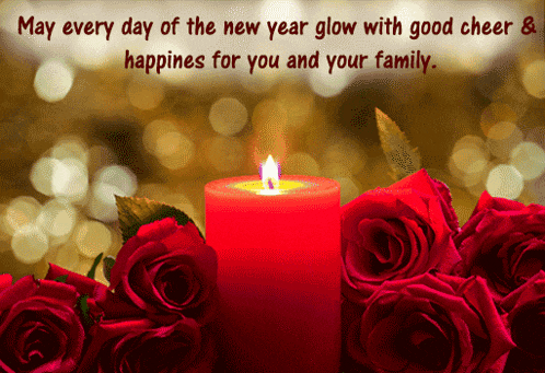 red roses and a red candle with a message that says may every day of the new year glow with good cheer