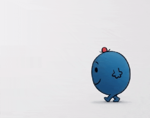 a blue cartoon character with a red hat on