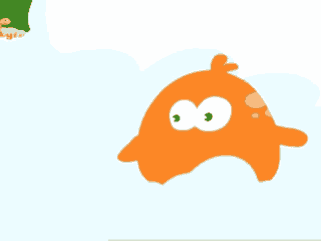 an orange cartoon character is floating in the clouds and smiling