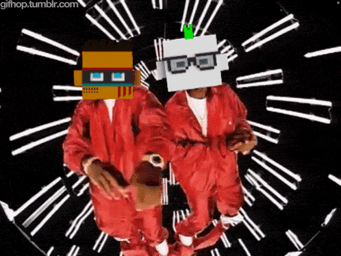 two men in red jumpsuits are dancing in front of a clock that has roman numerals on it