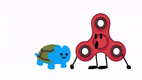 a blue turtle is being pulled by a red fidget spinner on a leash