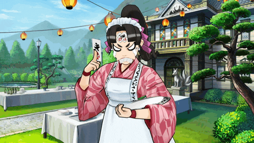 a cartoon drawing of a maid holding a piece of paper that says ' a ' on it
