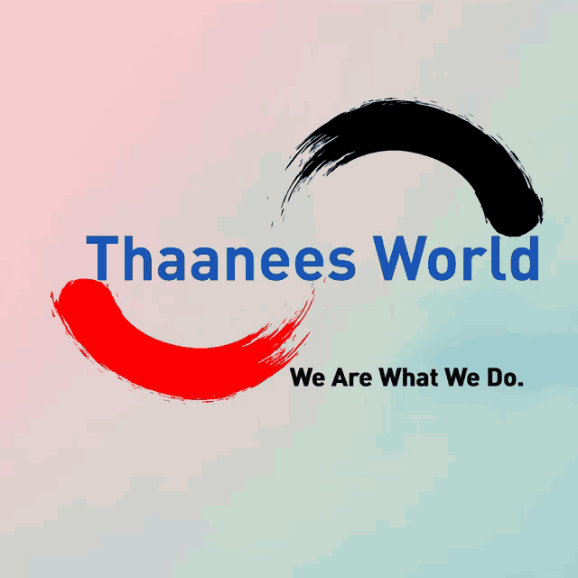 a logo for thaanees world shows a red and black circle