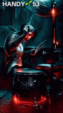 a poster of a skeleton playing drums with the number 53 above it