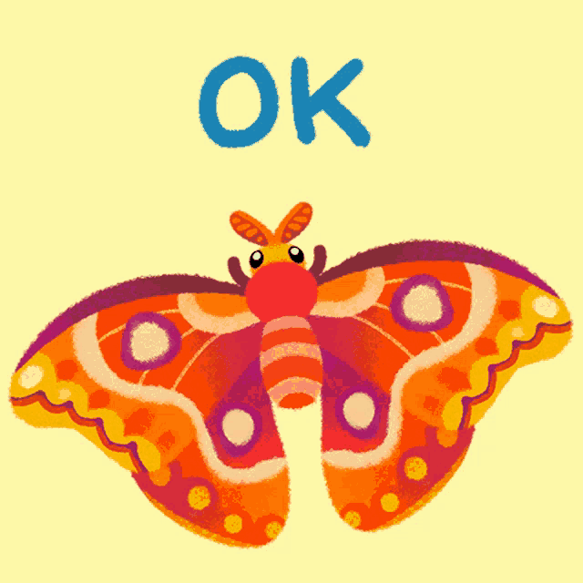 a colorful moth with the word ok above it