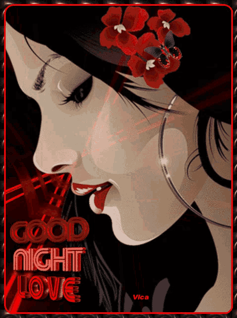 a picture of a woman with red flowers in her hair and the words good night love below her