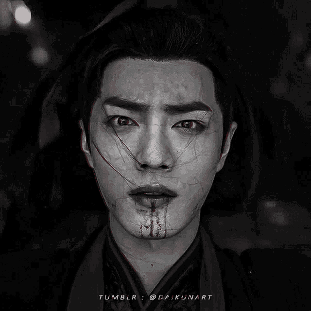 a black and white photo of a man with blood on his face and the words tumblr @daikunart on the bottom