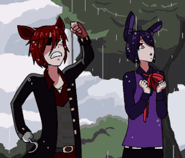 foxy and bonnie are standing in the rain