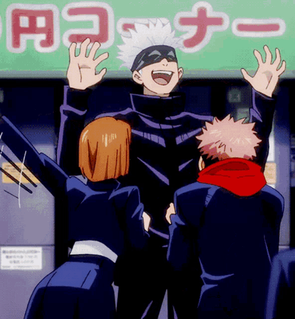 a group of anime characters are standing in front of a green sign that says " corner "