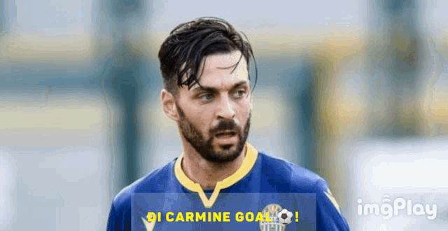 a man with a beard is wearing a blue and yellow jersey that says di carmine goal on it