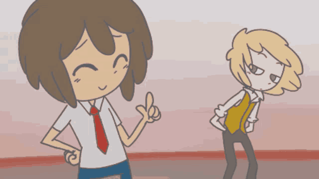 two cartoon characters are standing next to each other and one is pointing at the other