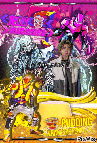 a poster for jelly vram system shows a man standing next to a pudding