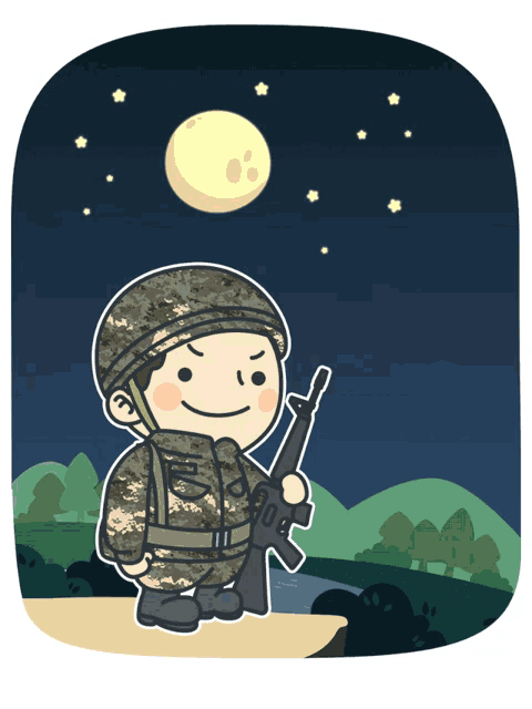 a cartoon of a soldier holding a gun with a full moon behind him