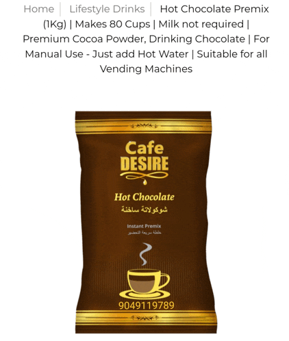 a bag of cafe desire hot chocolate premix makes 80 cups