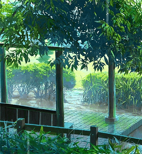 a painting of a garden with a fence and trees