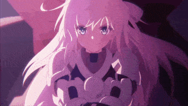 a girl with long white hair and blue eyes is wearing a purple shirt with the number 1 on it