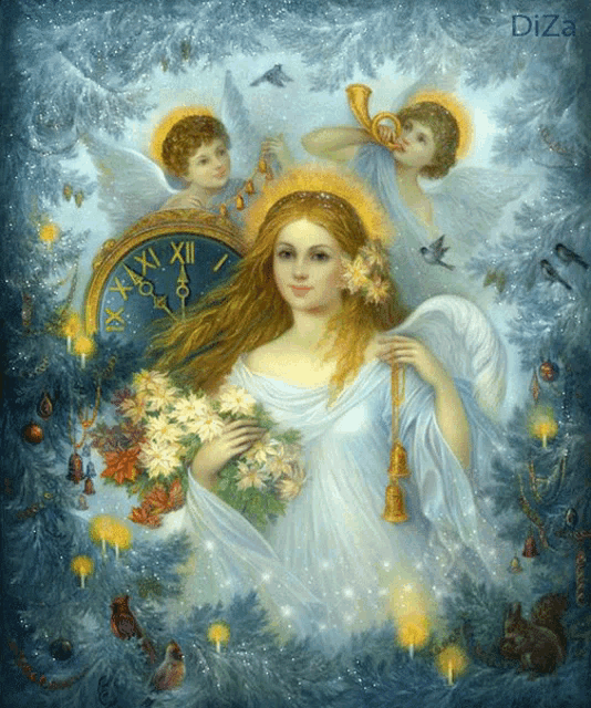 a painting of angels and a clock that says diza on the bottom