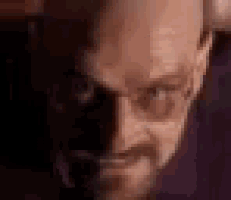 a close up of a bald man with a beard and glasses looking at the camera .
