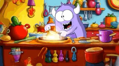 a cartoon monster is cooking in a kitchen with pots and pans