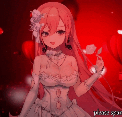 a girl in a white dress is holding a rose with the words please span written on the bottom
