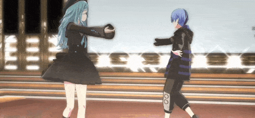 two anime characters are dancing together in a room