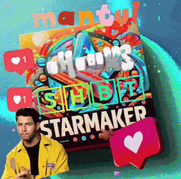a man in a yellow jacket is standing in front of a starmaker poster